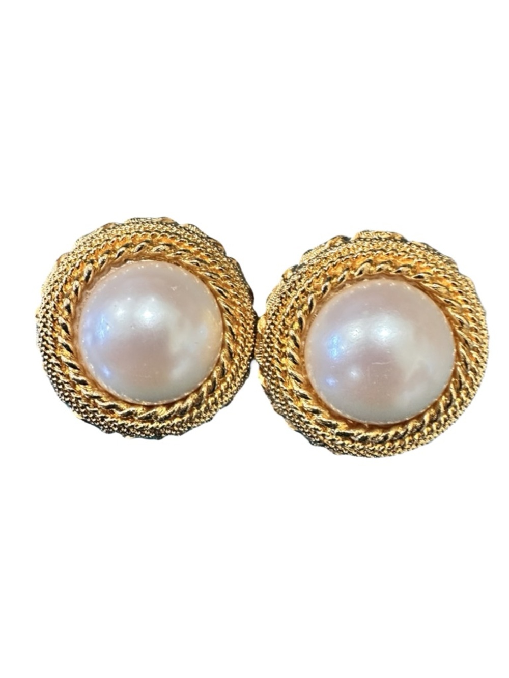 Gold-Tone Faux Pearl Rope-Trim Clip Earrings Vintage Clip Ons Great condition